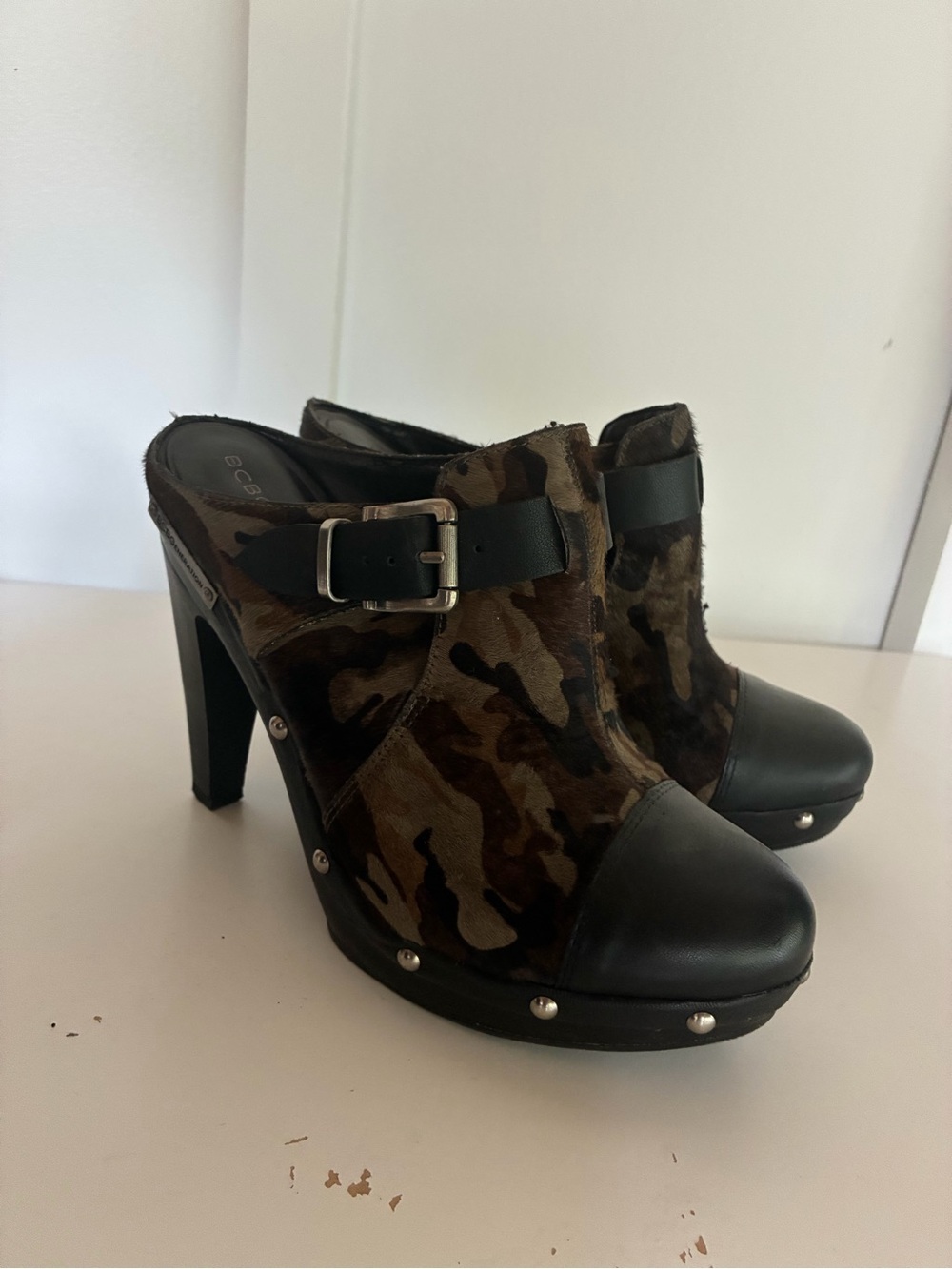 BCBGeneration Camo and Black Buckle High Heel Mules. NO BOX